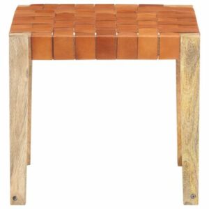 vidaXL Stool Light Brown Real Leather and Solid Mango Wood